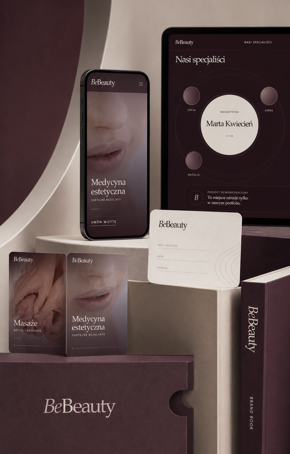 BeBeauty - spójny system marki na stronie, materiałach i urządzeniach